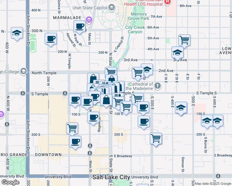 map of restaurants, bars, coffee shops, grocery stores, and more near 136 East South Temple Street in Salt Lake City