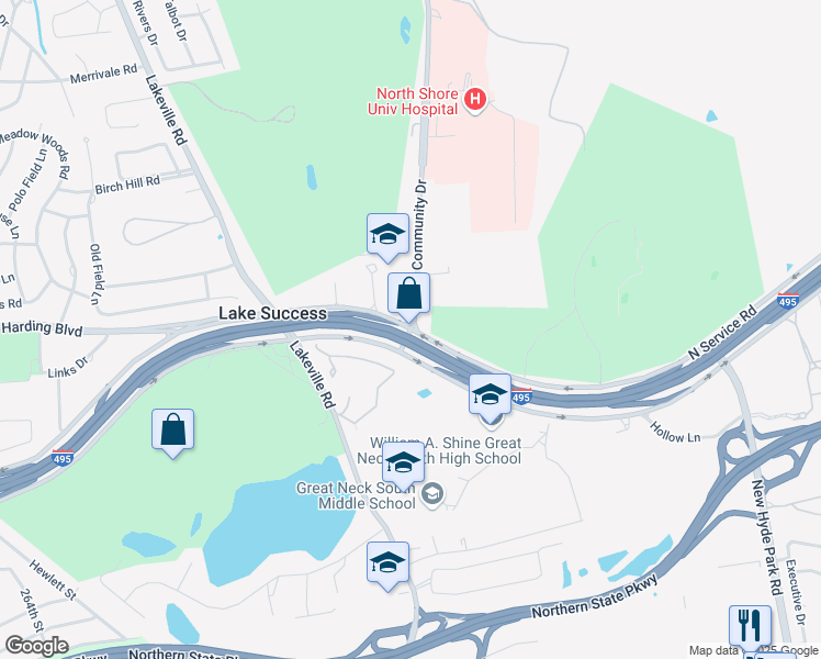 map of restaurants, bars, coffee shops, grocery stores, and more near 398 North Service Road in Lake Success