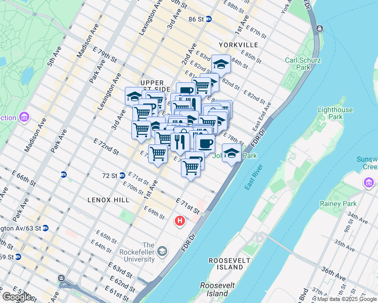 map of restaurants, bars, coffee shops, grocery stores, and more near 419 East 76th Street in New York