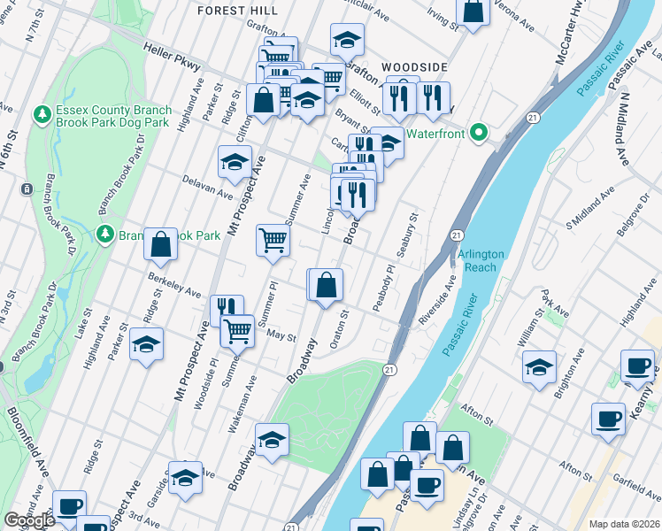 map of restaurants, bars, coffee shops, grocery stores, and more near 572 Broadway in Newark
