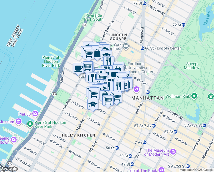 map of restaurants, bars, coffee shops, grocery stores, and more near 462 West 58th Street in New York