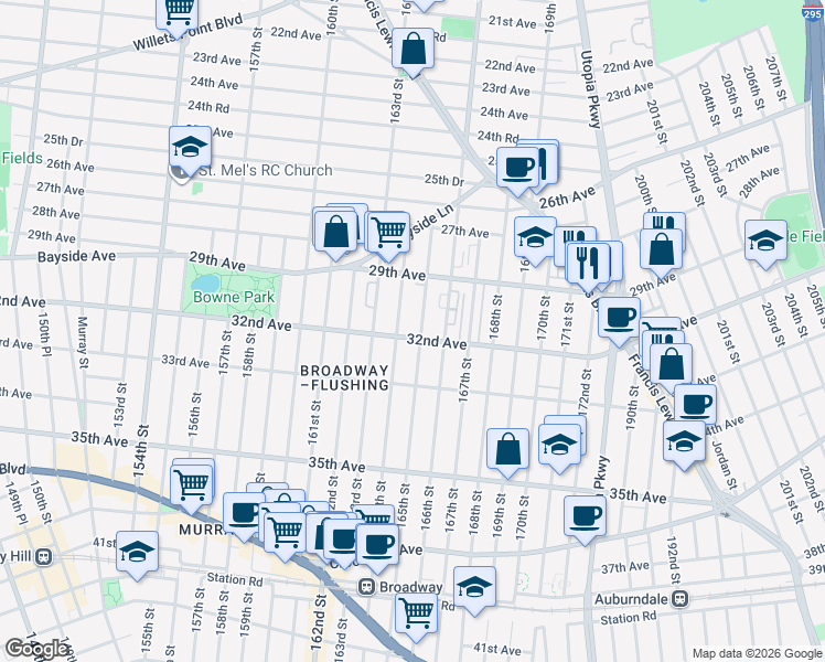 map of restaurants, bars, coffee shops, grocery stores, and more near 29-36 165th Street in Queens