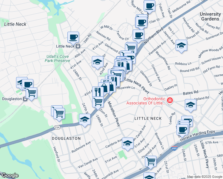 map of restaurants, bars, coffee shops, grocery stores, and more near 252-11 Little Neck Parkway in Queens