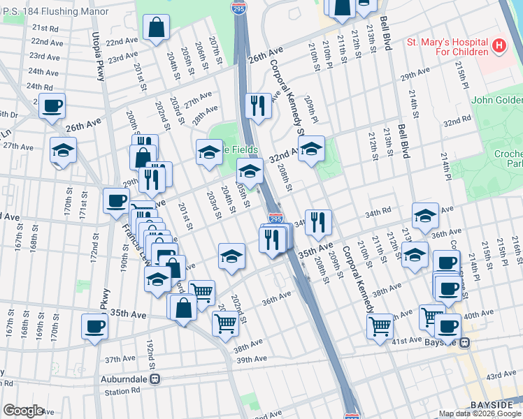 map of restaurants, bars, coffee shops, grocery stores, and more near 205-16 33rd Avenue in Queens