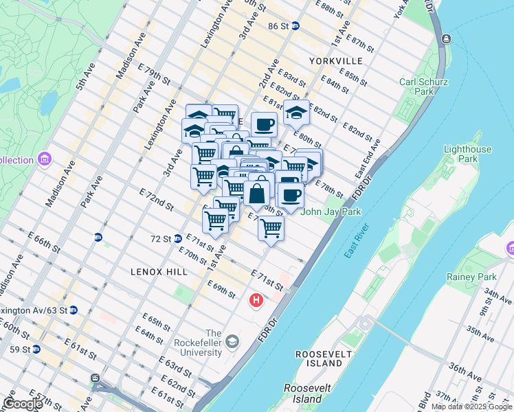 map of restaurants, bars, coffee shops, grocery stores, and more near 404 East 75th Street in New York