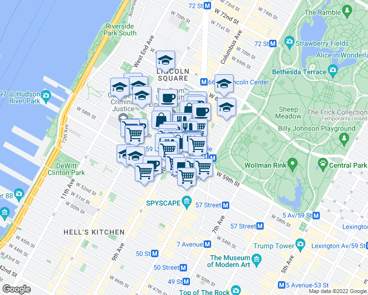 map of restaurants, bars, coffee shops, grocery stores, and more near 60 Columbus Avenue in New York