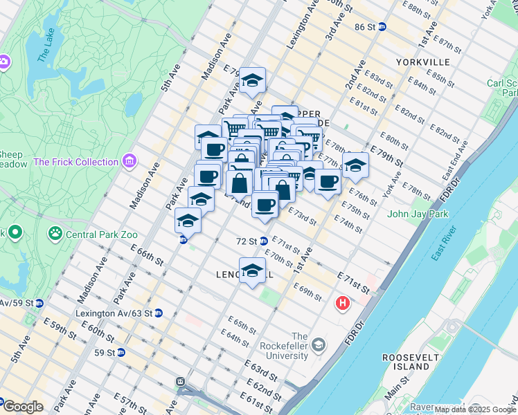 map of restaurants, bars, coffee shops, grocery stores, and more near 225 East 72nd Street in New York