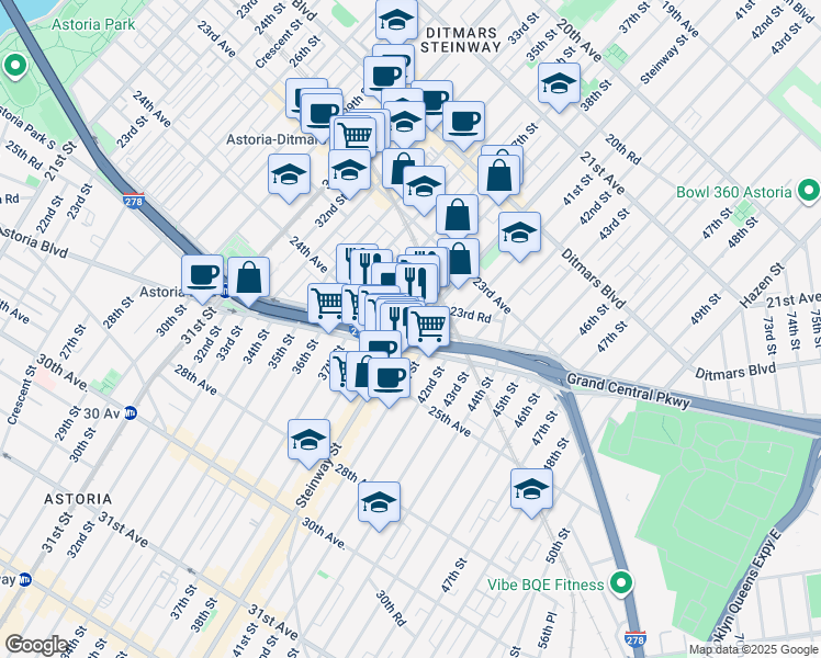 map of restaurants, bars, coffee shops, grocery stores, and more near 23-80 38th Street in Queens