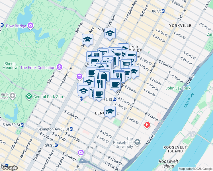 map of restaurants, bars, coffee shops, grocery stores, and more near 200 East 72nd Street in New York