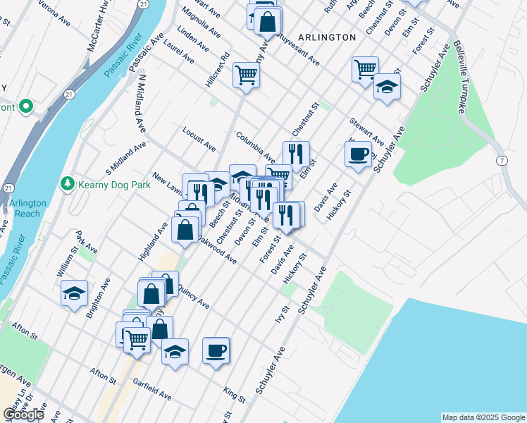 map of restaurants, bars, coffee shops, grocery stores, and more near 601 Devon Street in Kearny