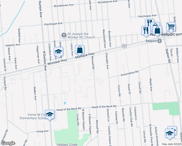 map of restaurants, bars, coffee shops, grocery stores, and more near 455 Munsell Road in East Patchogue