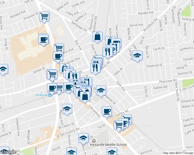 map of restaurants, bars, coffee shops, grocery stores, and more near 39 Bay Avenue in Hicksville
