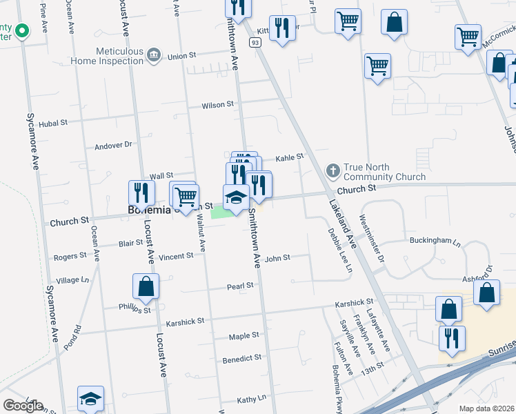 map of restaurants, bars, coffee shops, grocery stores, and more near 1087 Smithtown Avenue in Bohemia