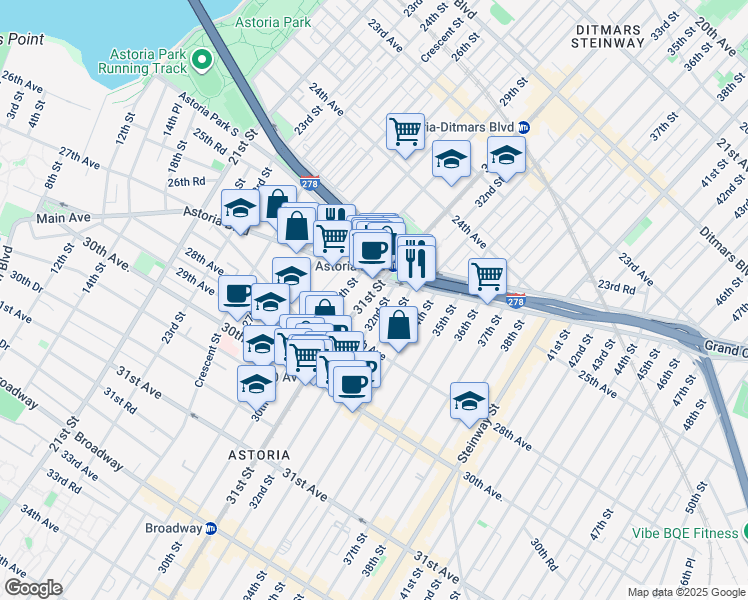 map of restaurants, bars, coffee shops, grocery stores, and more near 25-39 31st Street in Queens