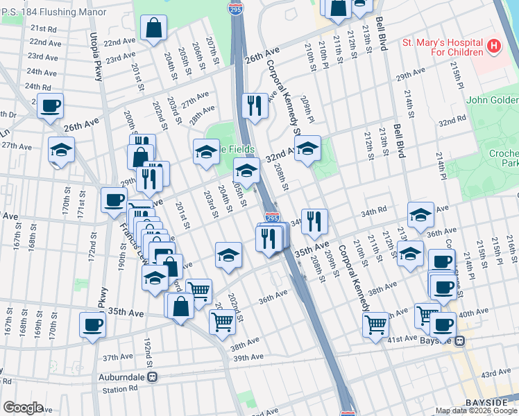map of restaurants, bars, coffee shops, grocery stores, and more near 205-20 33rd Avenue in Queens