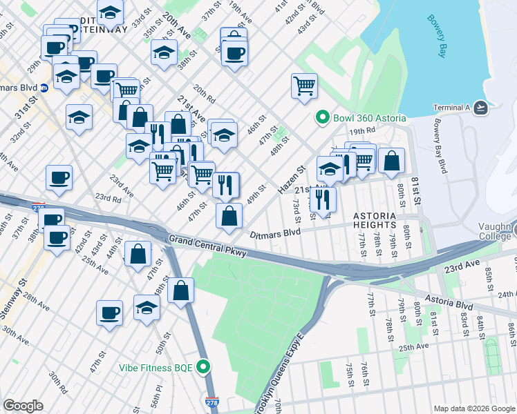 map of restaurants, bars, coffee shops, grocery stores, and more near 21-44 Hazen Street in Queens