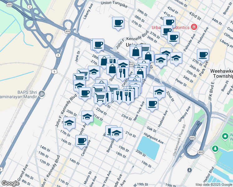 map of restaurants, bars, coffee shops, grocery stores, and more near 711 26th Street in Union City