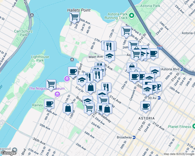 map of restaurants, bars, coffee shops, grocery stores, and more near 12-31 30th Drive in Queens