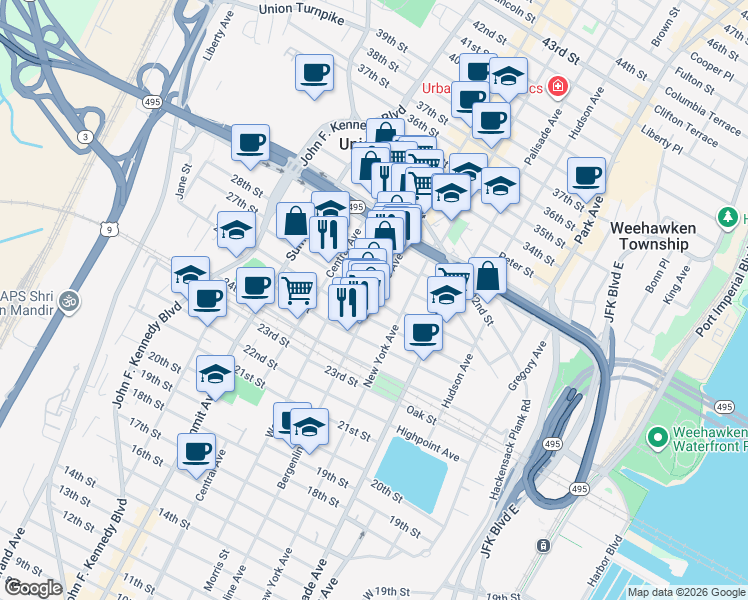 map of restaurants, bars, coffee shops, grocery stores, and more near 27th St & Bergenline Ave in Union City