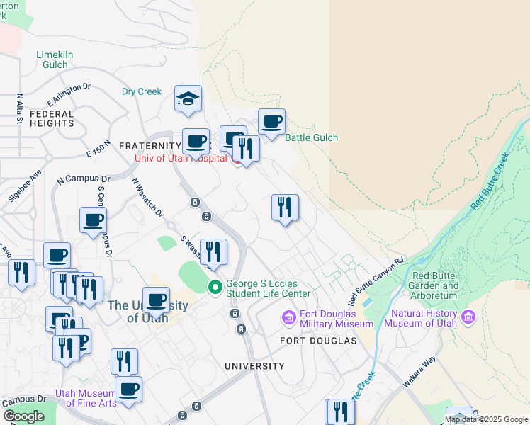 map of restaurants, bars, coffee shops, grocery stores, and more near 30 North 1900 East in Salt Lake City