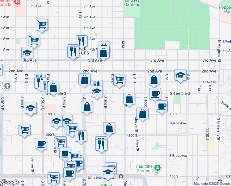 map of restaurants, bars, coffee shops, grocery stores, and more near 24 L Street East in Salt Lake City