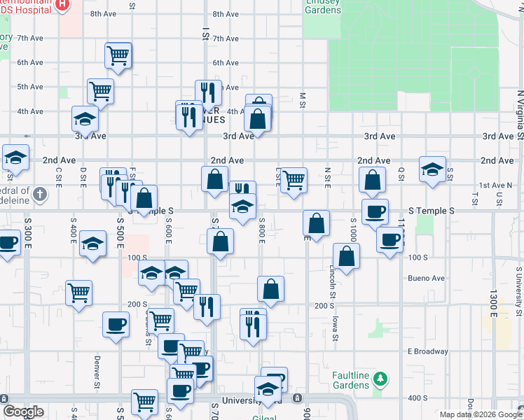 map of restaurants, bars, coffee shops, grocery stores, and more near 23 K Street East in Salt Lake City