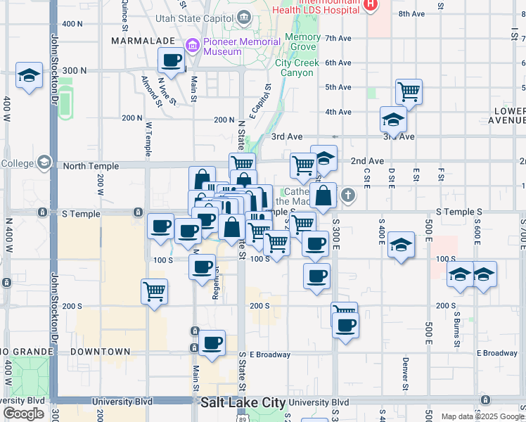 map of restaurants, bars, coffee shops, grocery stores, and more near 126 1st Avenue North in Salt Lake City