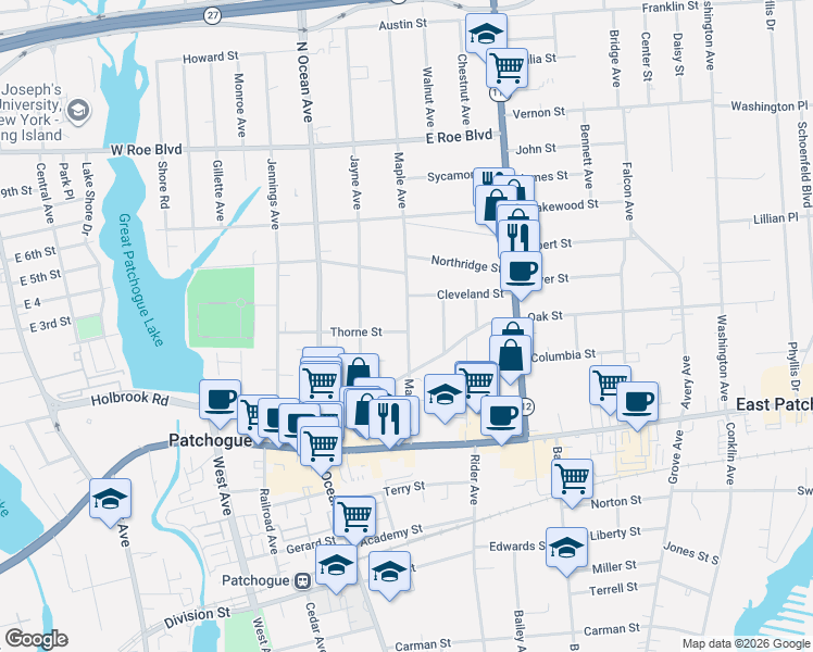map of restaurants, bars, coffee shops, grocery stores, and more near 10 Cleveland Street in Patchogue