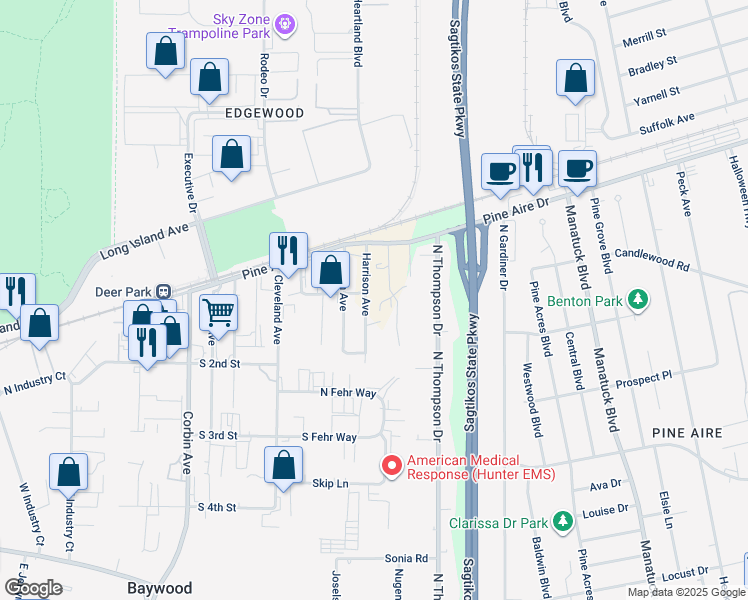 map of restaurants, bars, coffee shops, grocery stores, and more near 1855 Harrison Avenue in Bay Shore