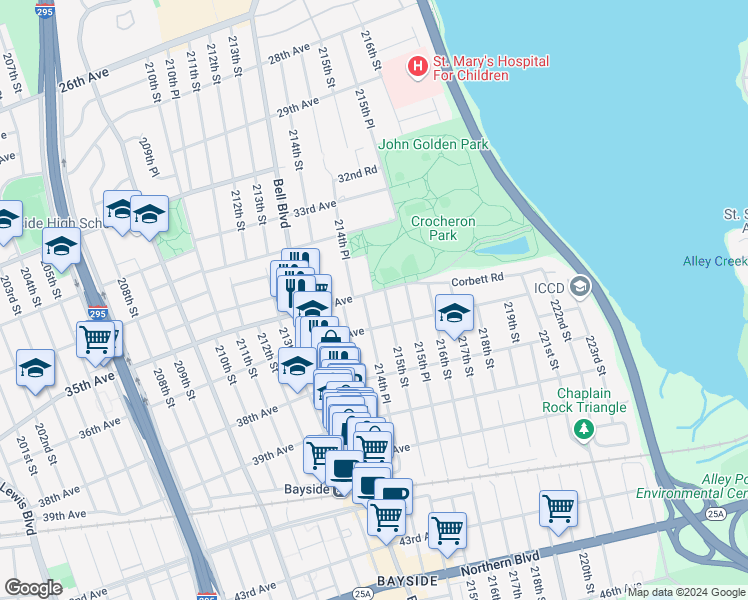 map of restaurants, bars, coffee shops, grocery stores, and more near 215-8 35th Avenue in Queens