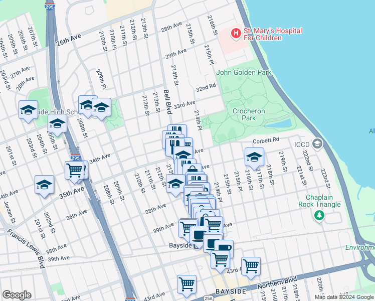 map of restaurants, bars, coffee shops, grocery stores, and more near 213-53 34th Road in Queens