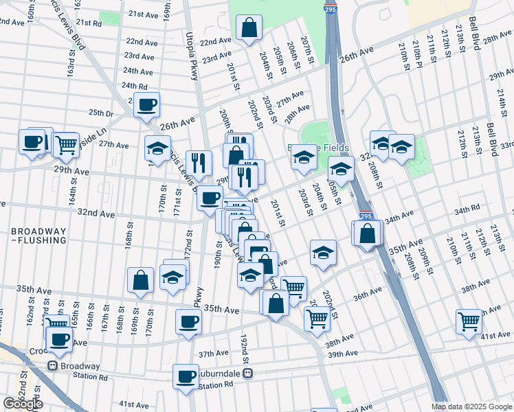 map of restaurants, bars, coffee shops, grocery stores, and more near 2938 200th Street in Queens