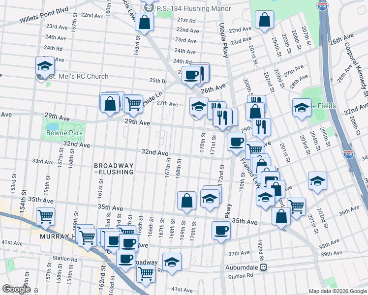 map of restaurants, bars, coffee shops, grocery stores, and more near 27 168th Street in Queens