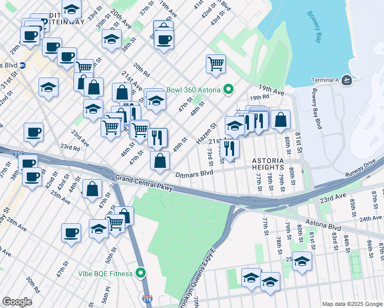 map of restaurants, bars, coffee shops, grocery stores, and more near 49-18 21st Avenue in Queens