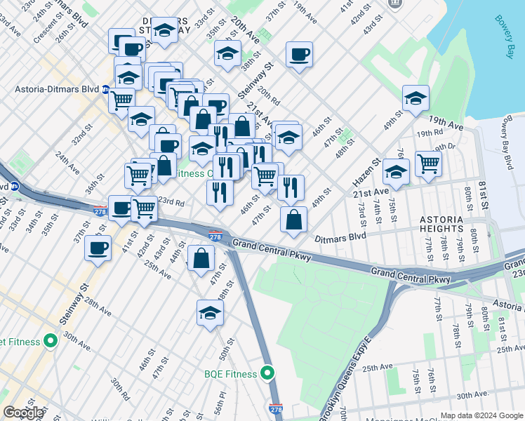 map of restaurants, bars, coffee shops, grocery stores, and more near in Queens