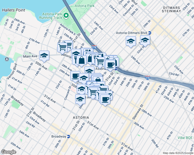 map of restaurants, bars, coffee shops, grocery stores, and more near 26-33 28th Street in Queens