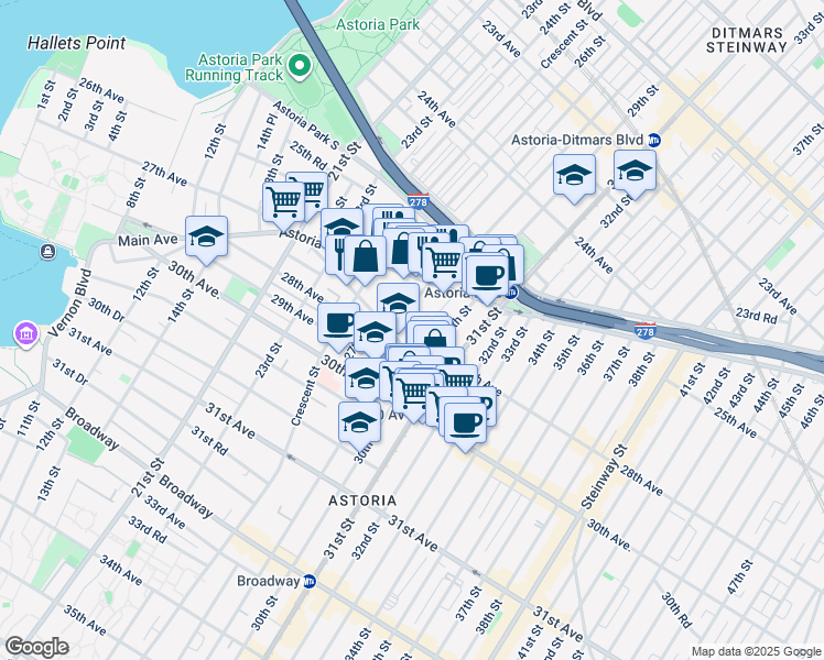 map of restaurants, bars, coffee shops, grocery stores, and more near 26-33 28th Street in Queens