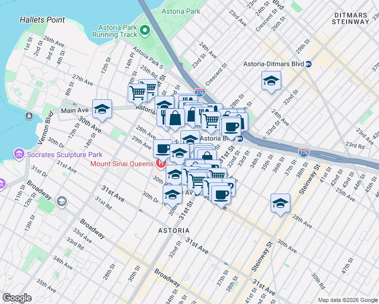 map of restaurants, bars, coffee shops, grocery stores, and more near 26-33 28th Street in Queens