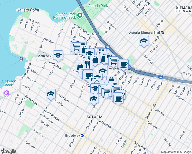 map of restaurants, bars, coffee shops, grocery stores, and more near 2525 Newtown Avenue in Queens