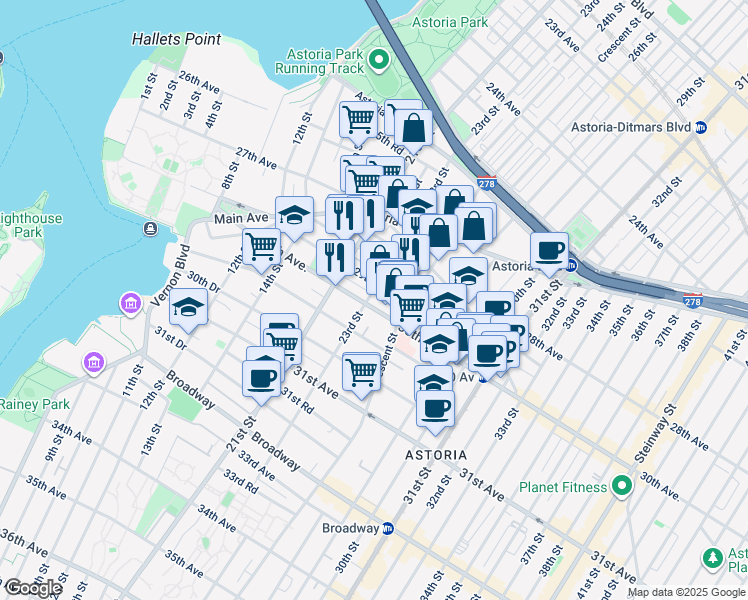 map of restaurants, bars, coffee shops, grocery stores, and more near 21-33 29th Avenue in Queens