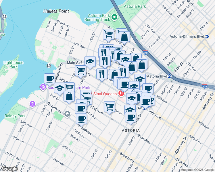 map of restaurants, bars, coffee shops, grocery stores, and more near 14-56 30th Avenue in Queens