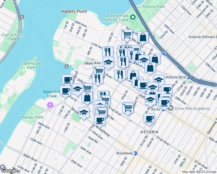 map of restaurants, bars, coffee shops, grocery stores, and more near 14-34 30th Avenue in Queens