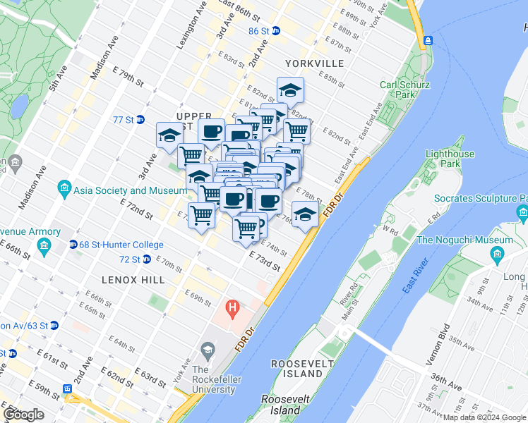 map of restaurants, bars, coffee shops, grocery stores, and more near 419 East 76th Street in New York