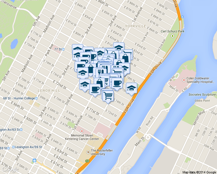 map of restaurants, bars, coffee shops, grocery stores, and more near 419 East 76th Street in New York