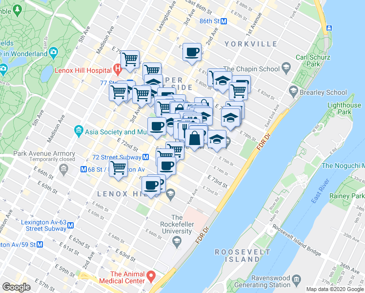 map of restaurants, bars, coffee shops, grocery stores, and more near 1445 1st Avenue in New York