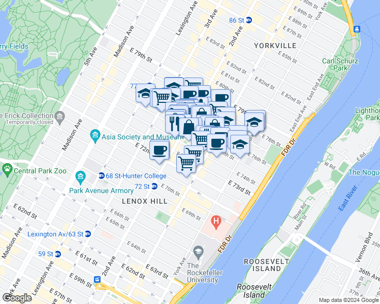 map of restaurants, bars, coffee shops, grocery stores, and more near 310 East 75th Street in New York