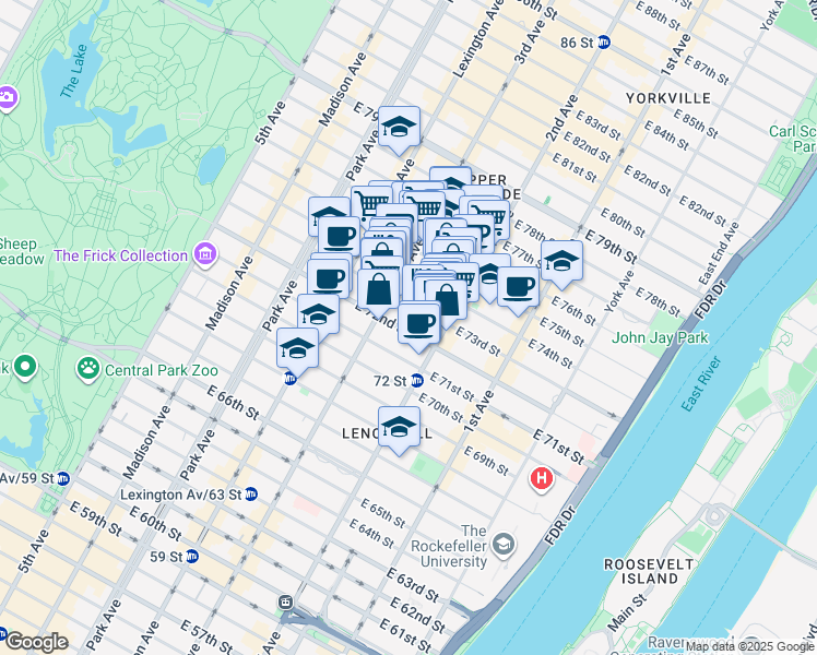map of restaurants, bars, coffee shops, grocery stores, and more near 215-225 East 73rd Street in New York