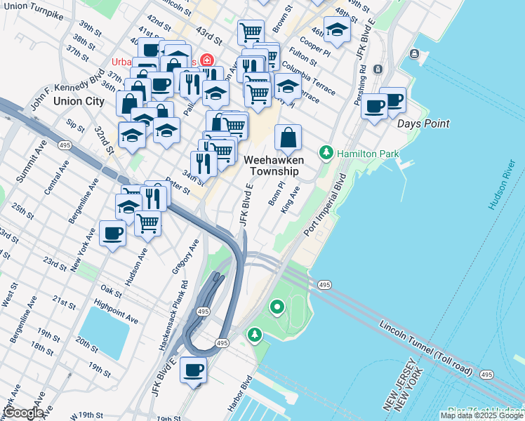 map of restaurants, bars, coffee shops, grocery stores, and more near 652 Boulevard East in Weehawken
