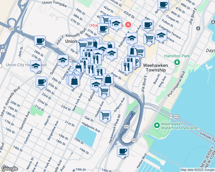 map of restaurants, bars, coffee shops, grocery stores, and more near 35 31st Street in Union City