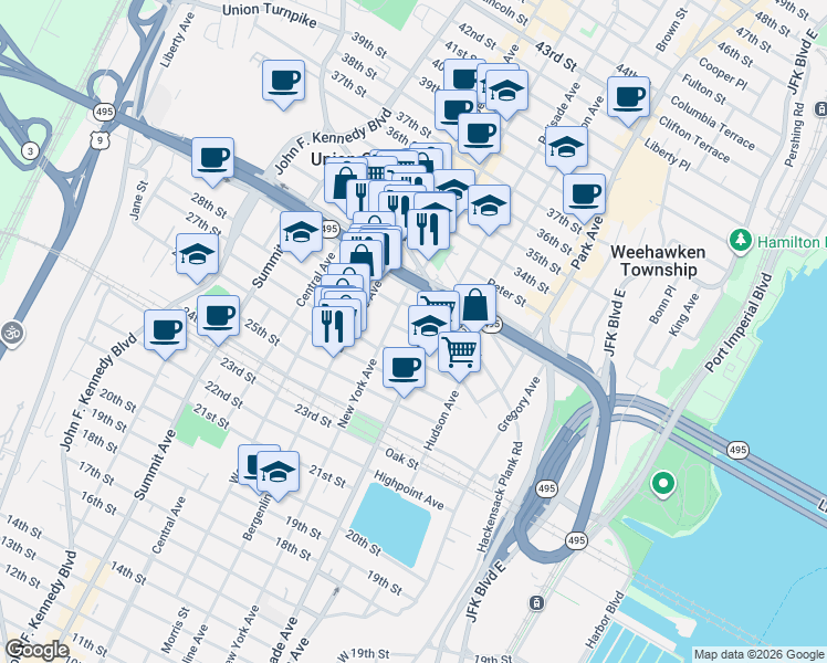 map of restaurants, bars, coffee shops, grocery stores, and more near 2812 New York Avenue in Union City
